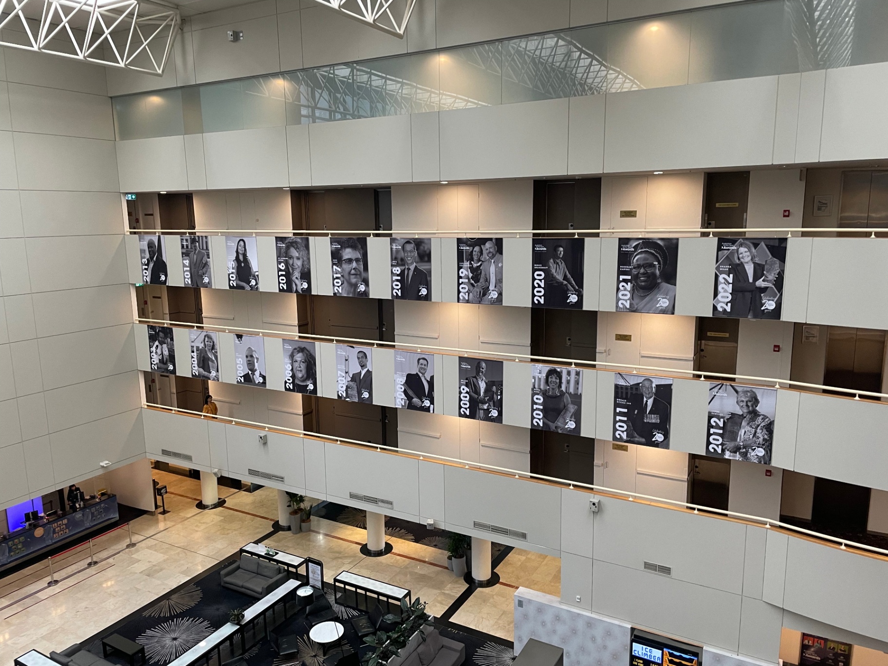 Recent recipient banners installed on upper atrium level