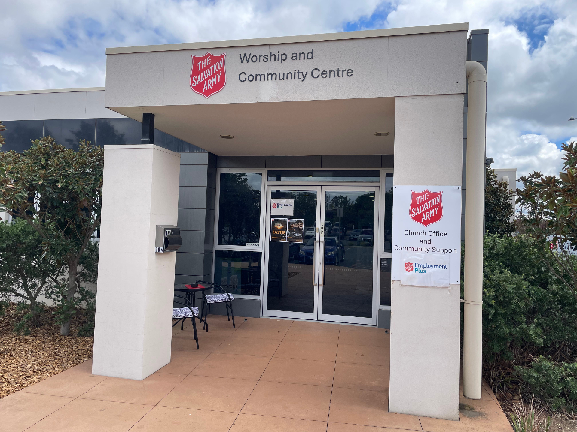 Entry canopy with fascia shield and lettering