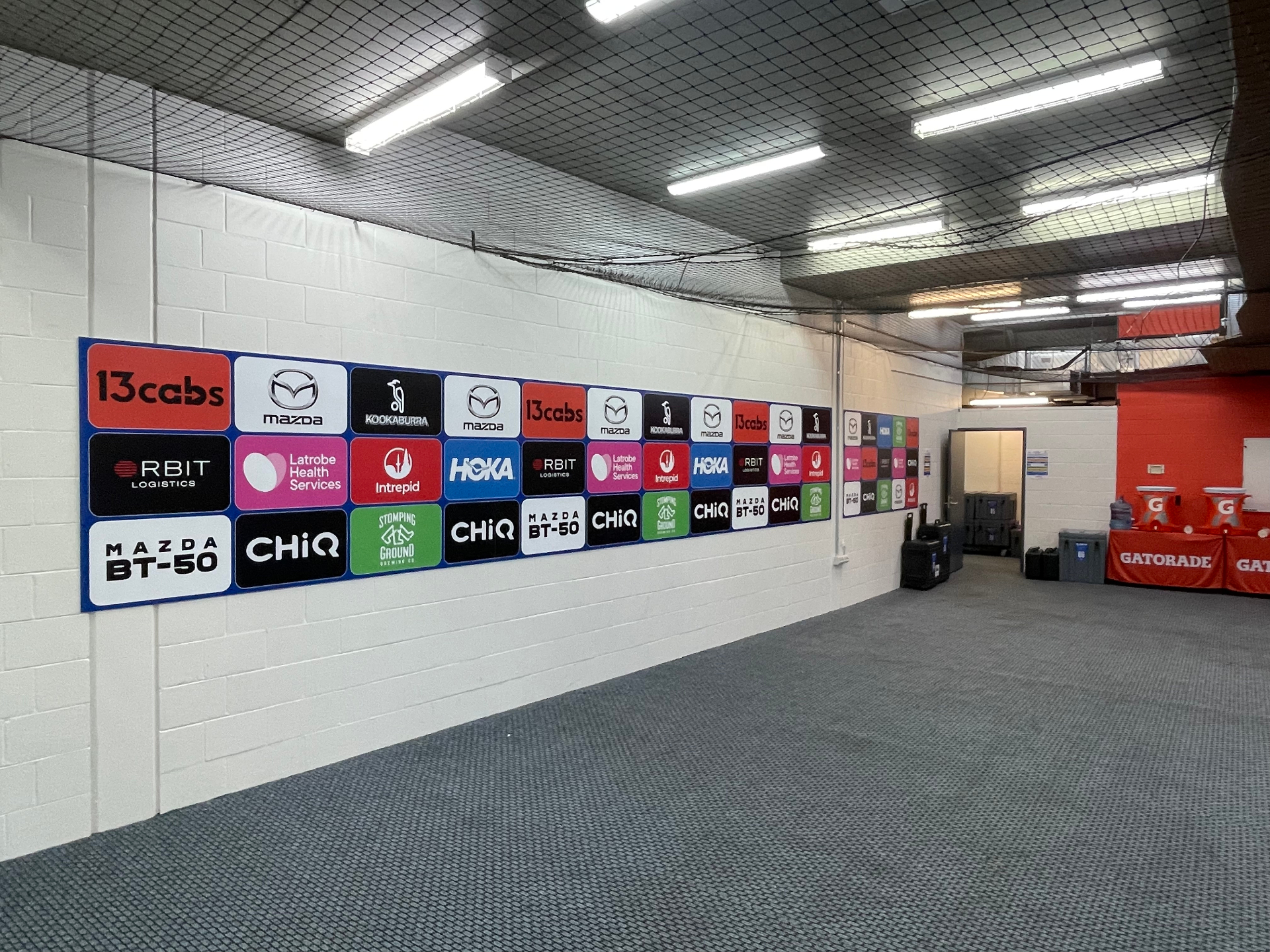 Close-up of finished sponsor board grid on Bradman Stand wall