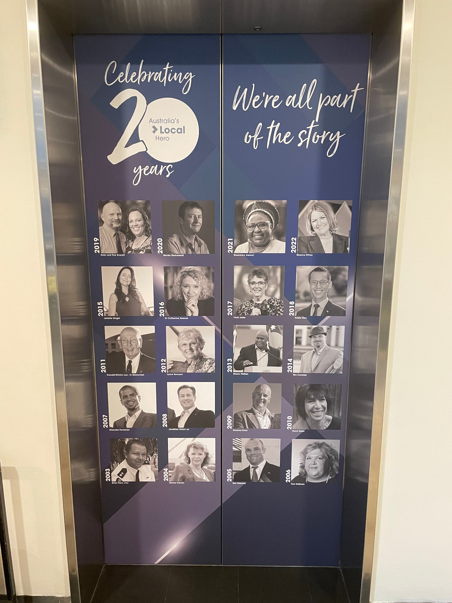 Full lift-door wrap for Australia's Local Hero 20 Years feature